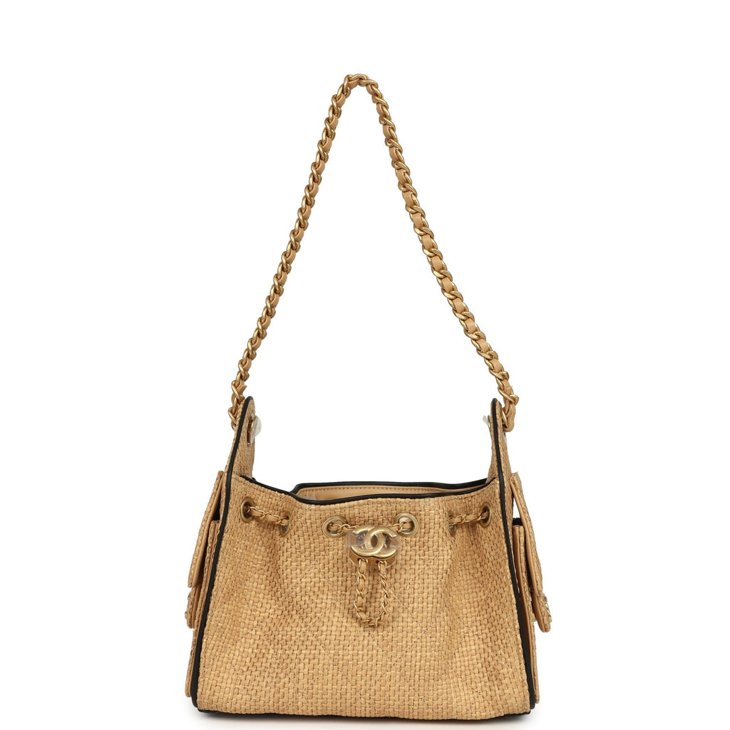 Mini 25 Hobo Bag Beige Raffia and Black Calfskin Antique Gold Hardware