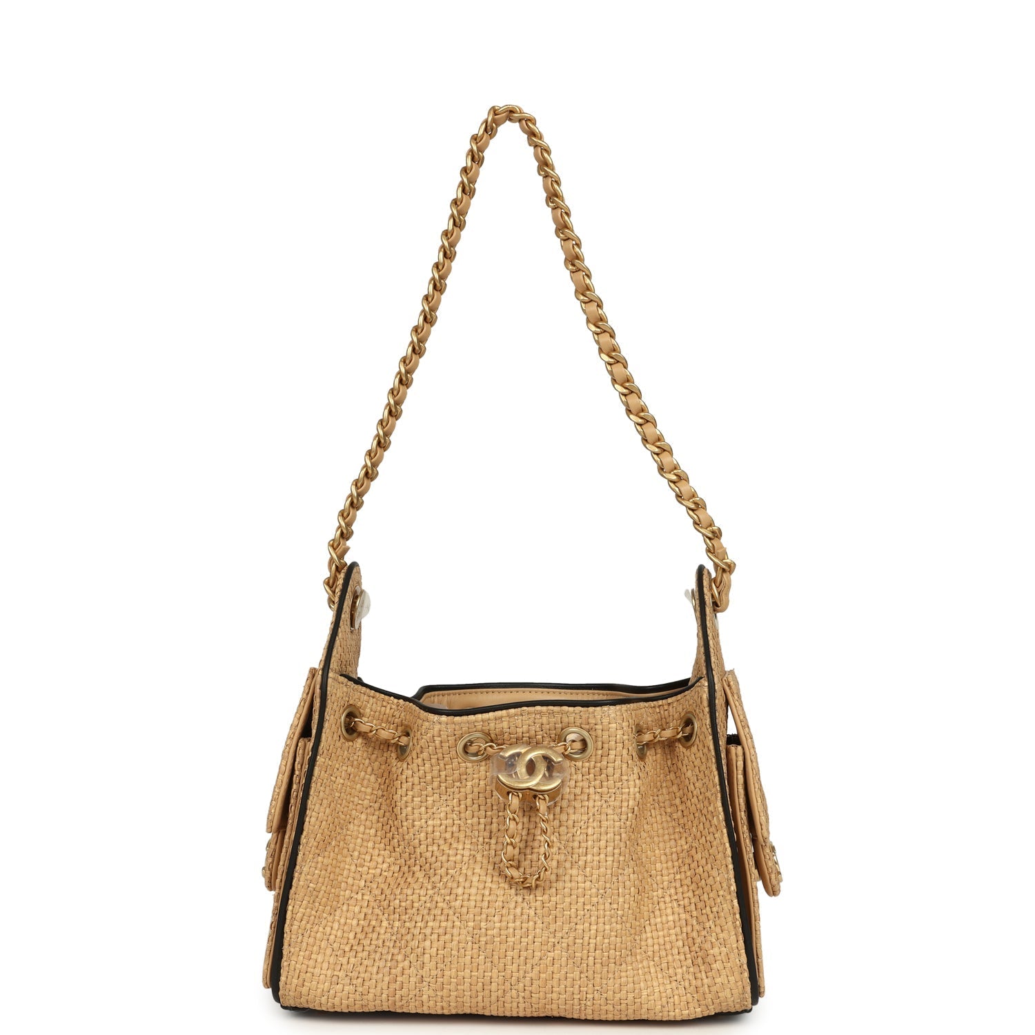 Mini 25 Hobo Bag Beige Raffia and Black Calfskin Antique Gold Hardware