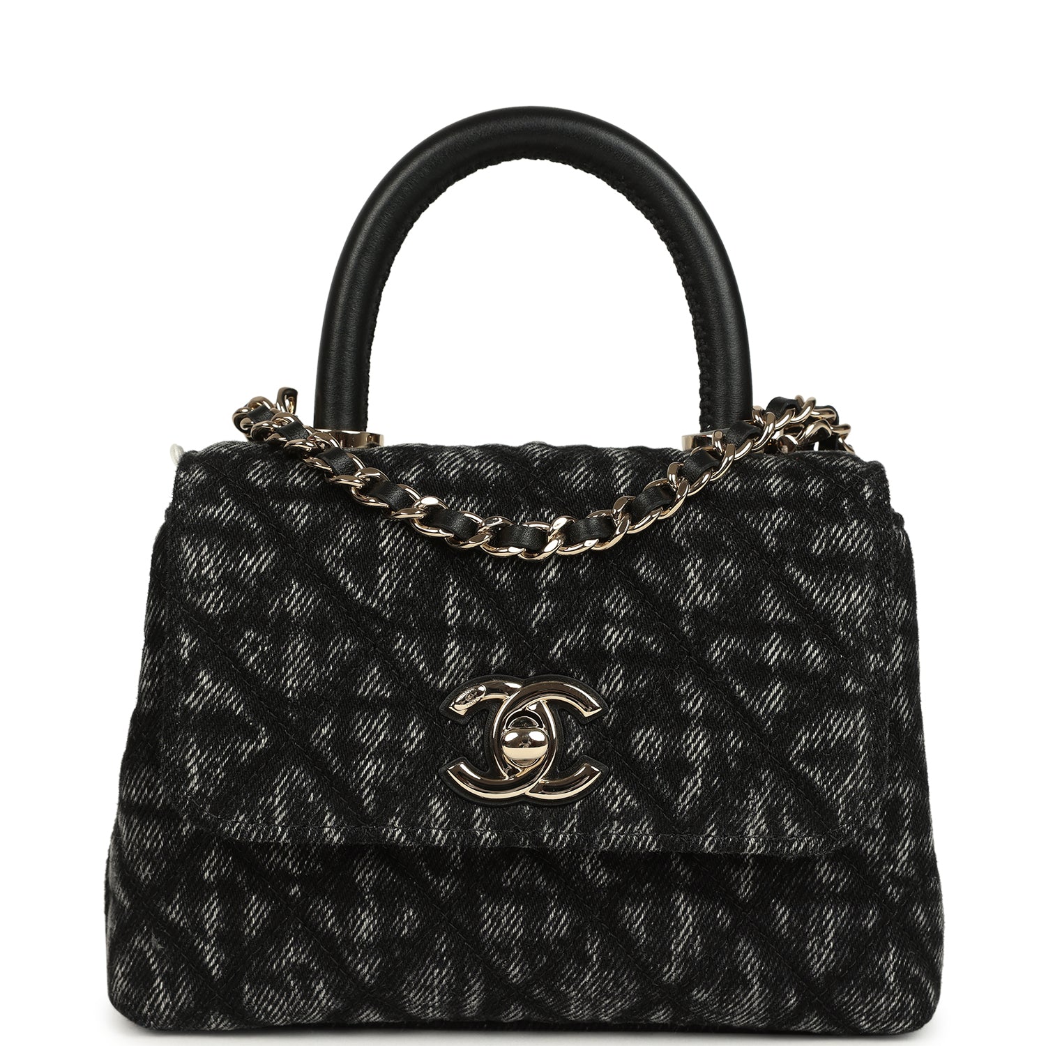 Nano Coco Top Handle Flap Bag Black Washed Denim Light Gold Hardware