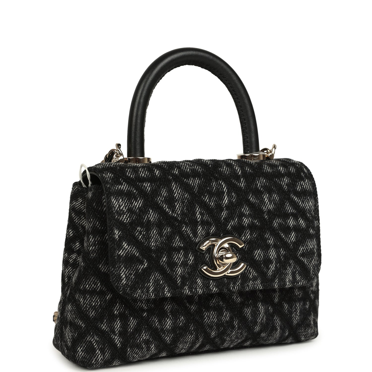 Nano Coco Top Handle Flap Bag Black Washed Denim Light Gold Hardware