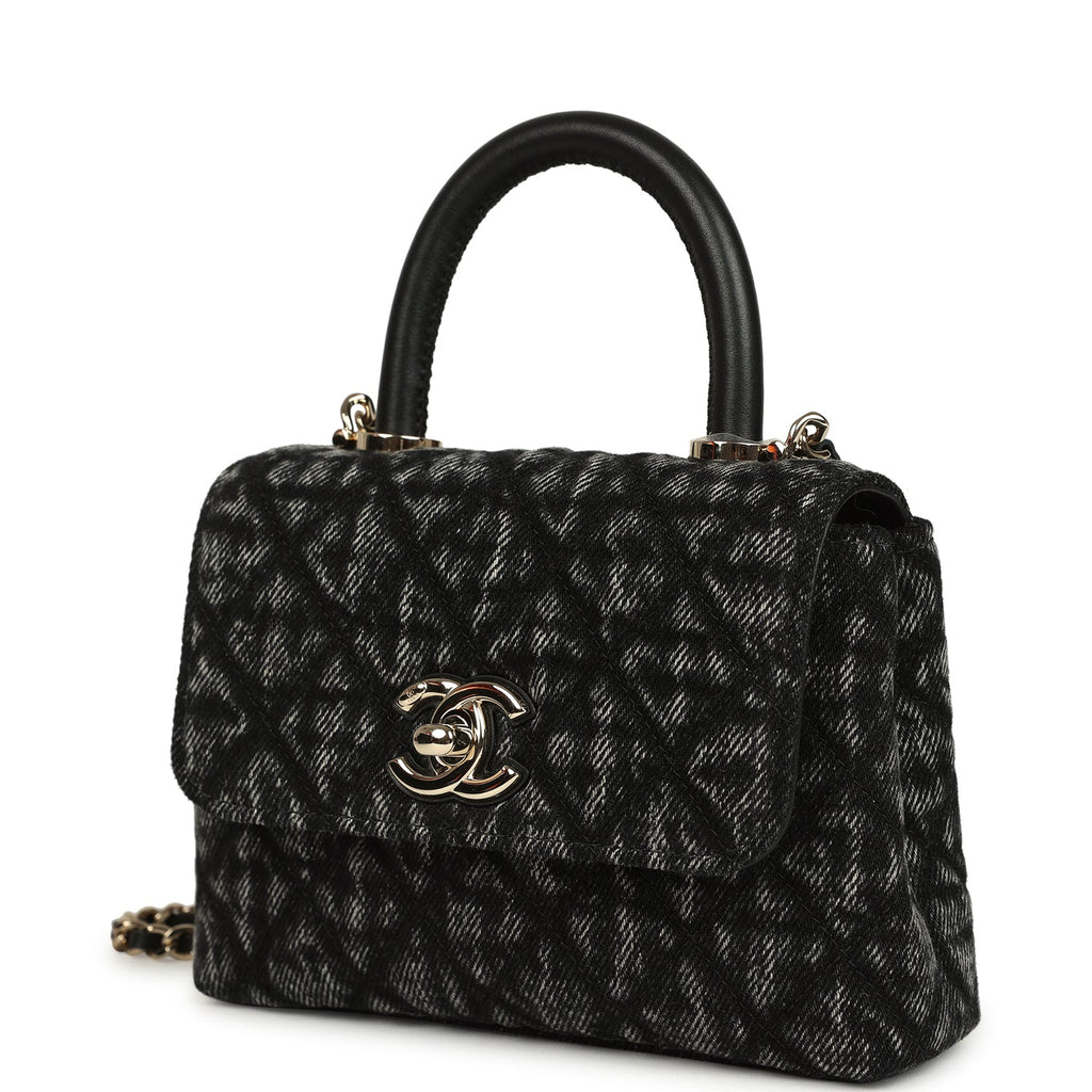 Nano Coco Top Handle Flap Bag Black Washed Denim Light Gold Hardware