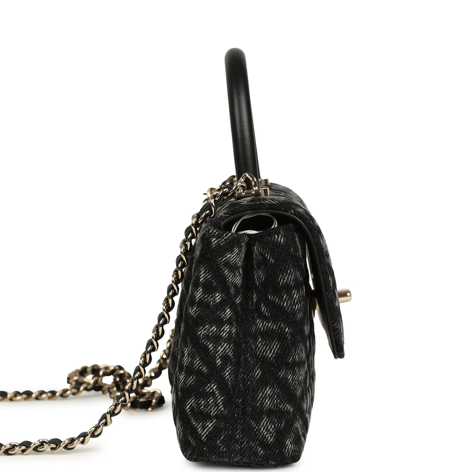 Nano Coco Top Handle Flap Bag Black Washed Denim Light Gold Hardware
