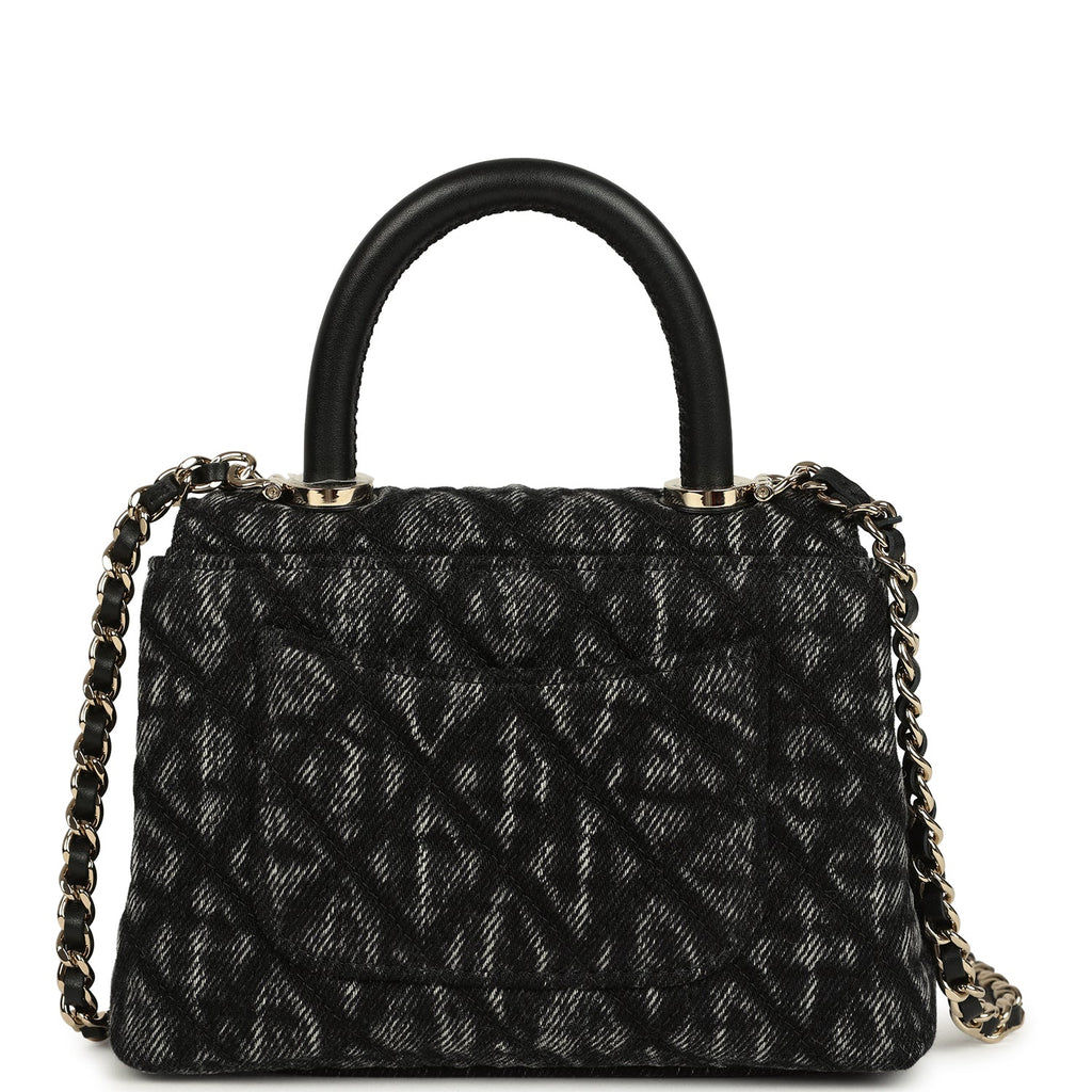 Nano Coco Top Handle Flap Bag Black Washed Denim Light Gold Hardware