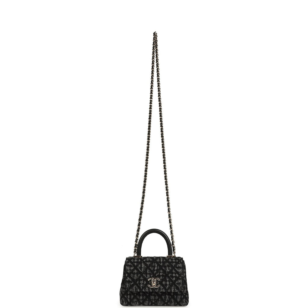 Nano Coco Top Handle Flap Bag Black Washed Denim Light Gold Hardware
