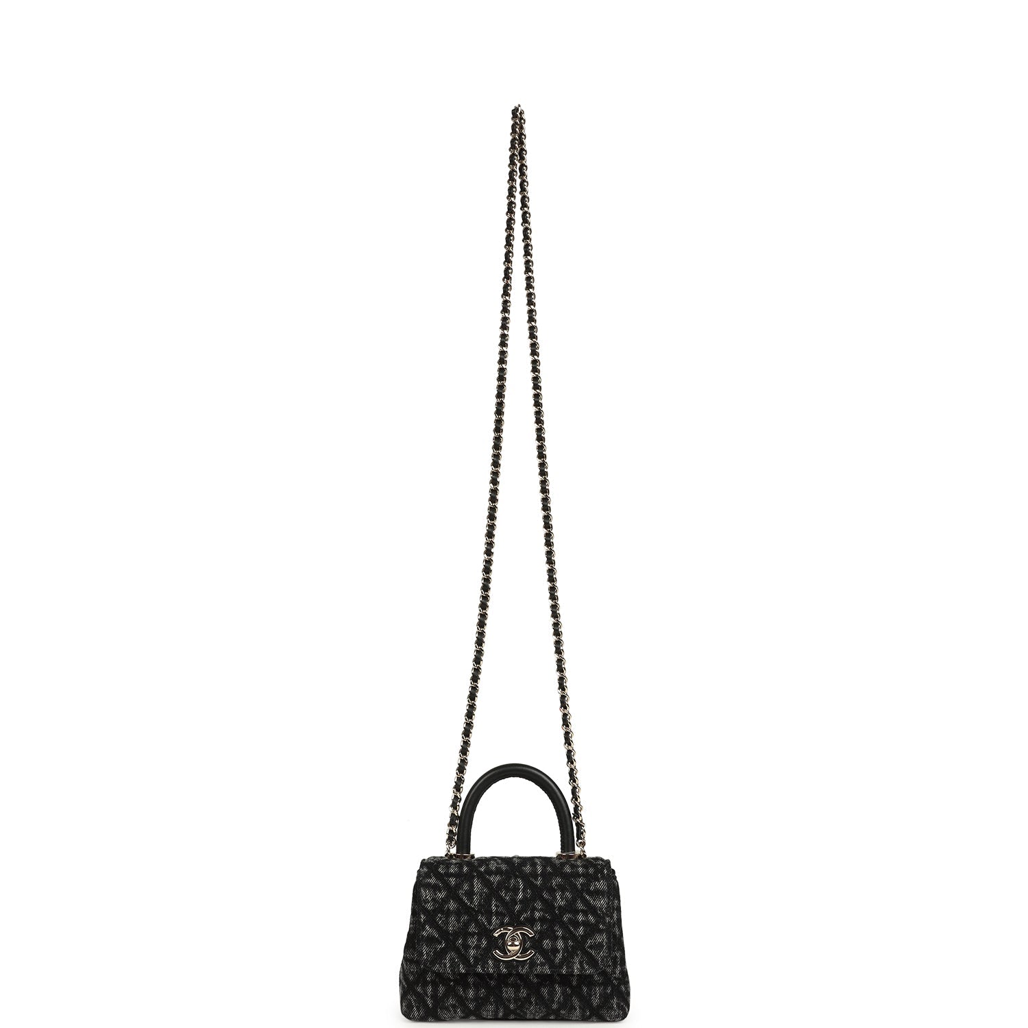 Nano Coco Top Handle Flap Bag Black Washed Denim Light Gold Hardware