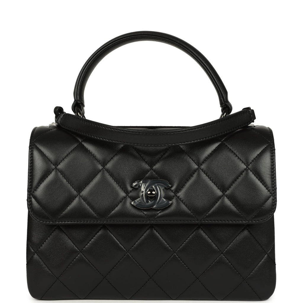 Medium Trendy CC Top Handle Flap So Bag Black Lambskin Black Hardware