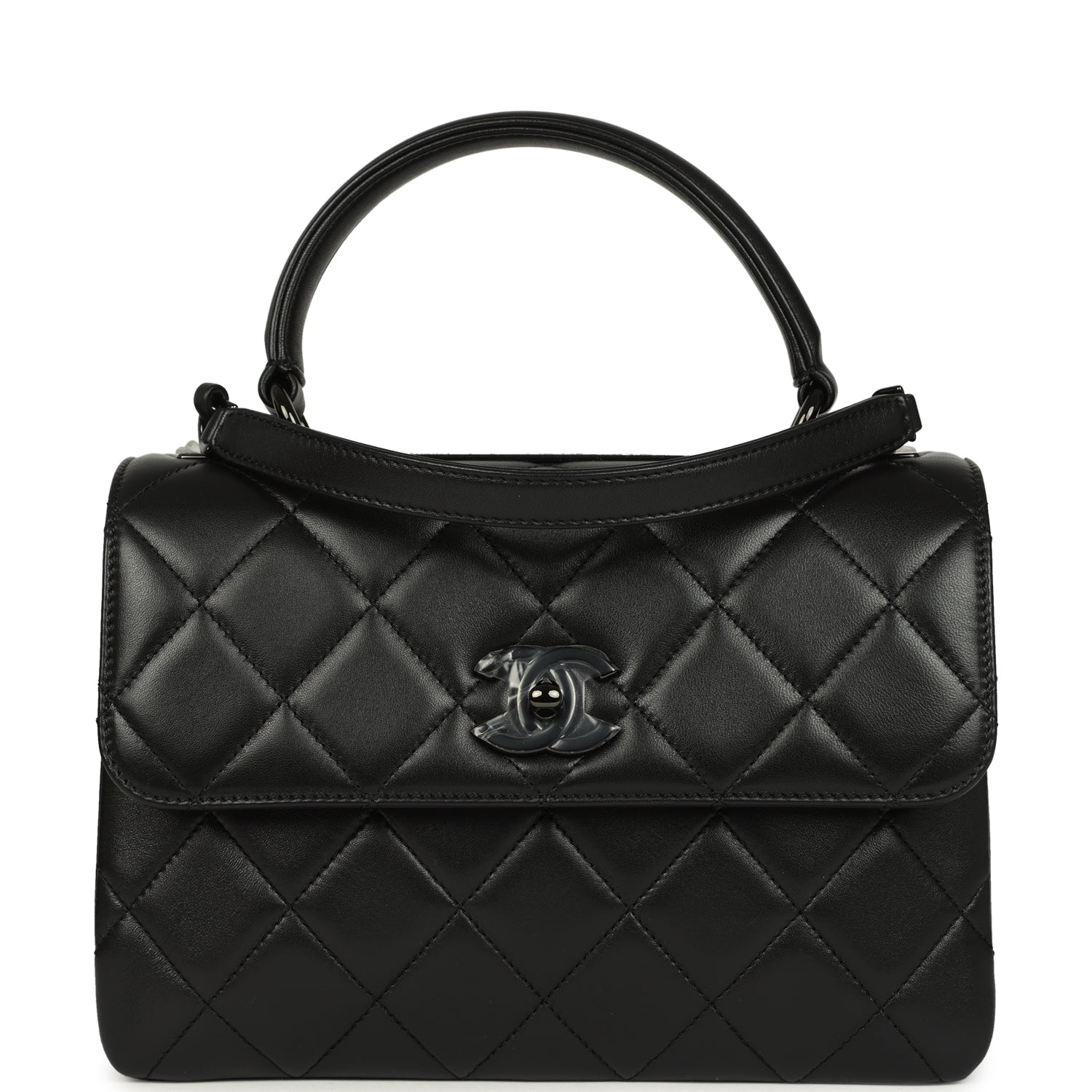 Medium Trendy CC Top Handle Flap So Bag Black Lambskin Black Hardware