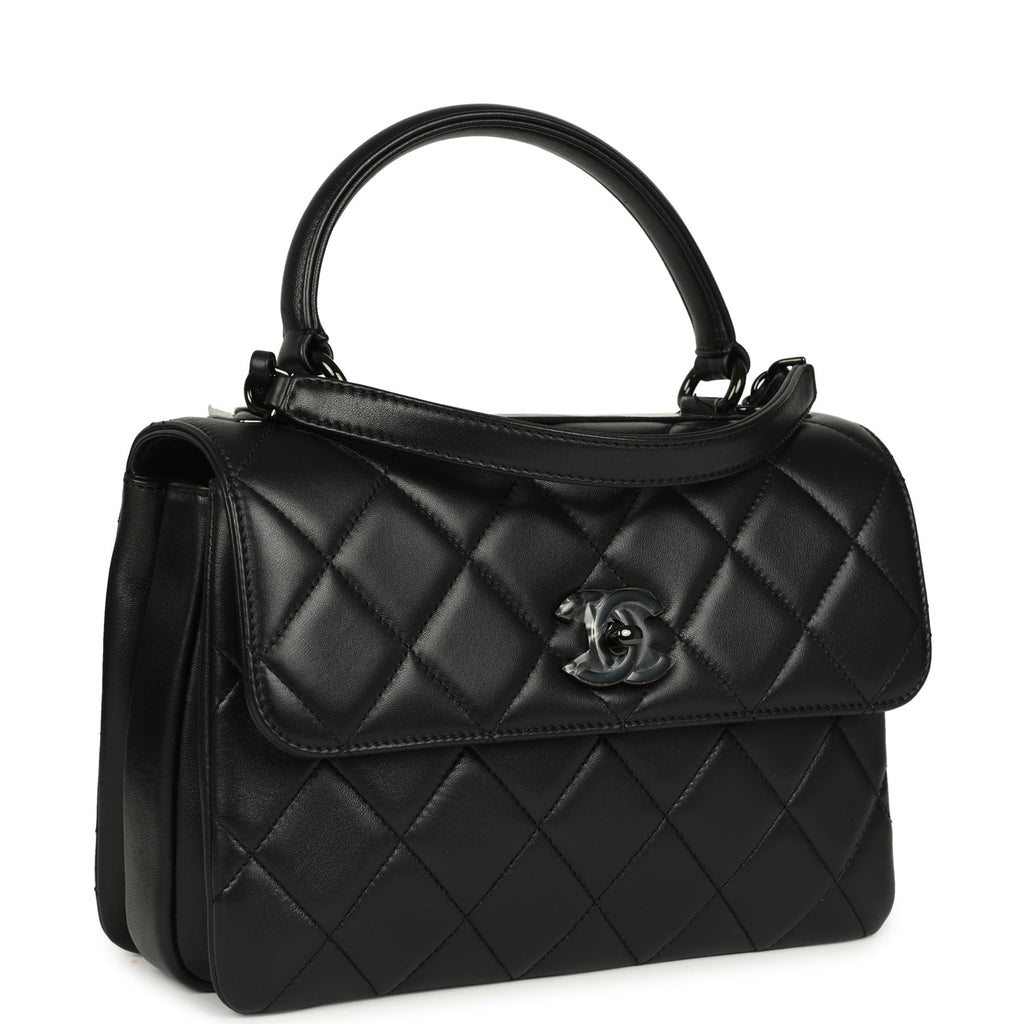 Medium Trendy CC Top Handle Flap So Bag Black Lambskin Black Hardware