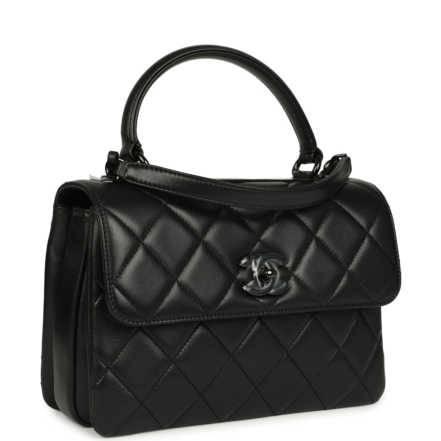 Medium Trendy CC Top Handle Flap So Bag Black Lambskin Black Hardware