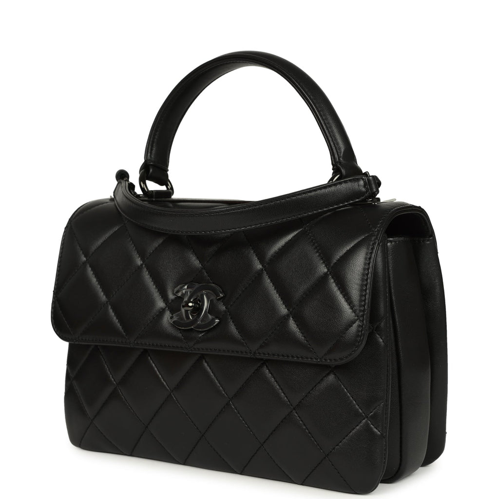 Medium Trendy CC Top Handle Flap So Bag Black Lambskin Black Hardware