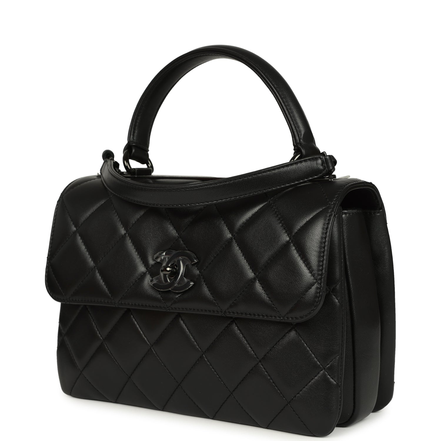 Medium Trendy CC Top Handle Flap So Bag Black Lambskin Black Hardware