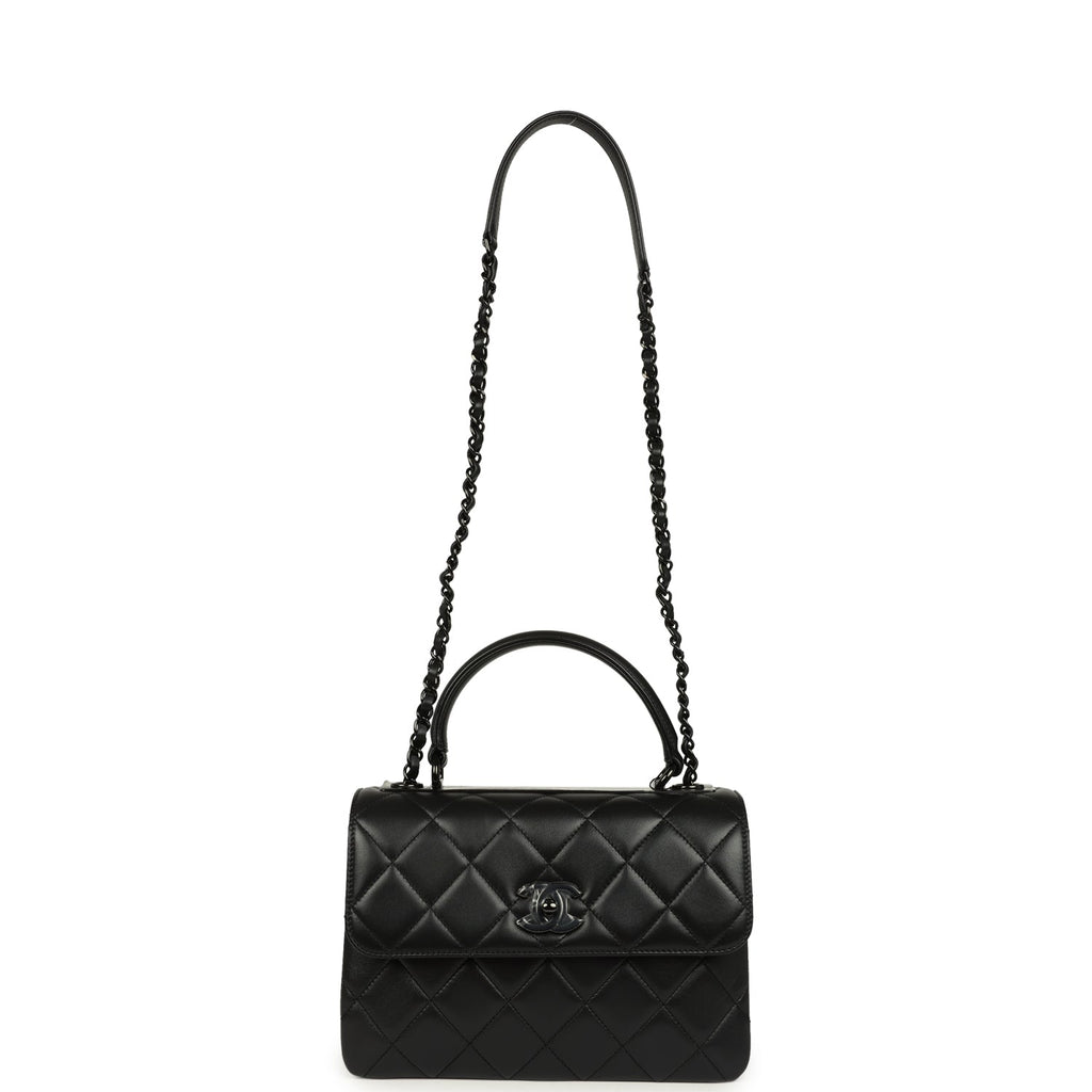 Medium Trendy CC Top Handle Flap So Bag Black Lambskin Black Hardware