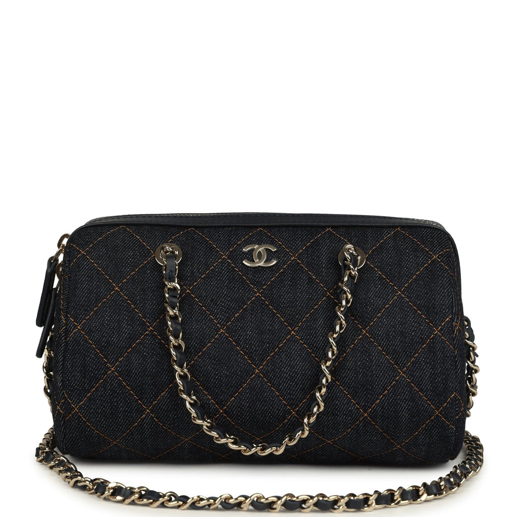 Mini Timeless Classic Barrel Bag with Chain Dark Blue Denim Light Gold Hardware