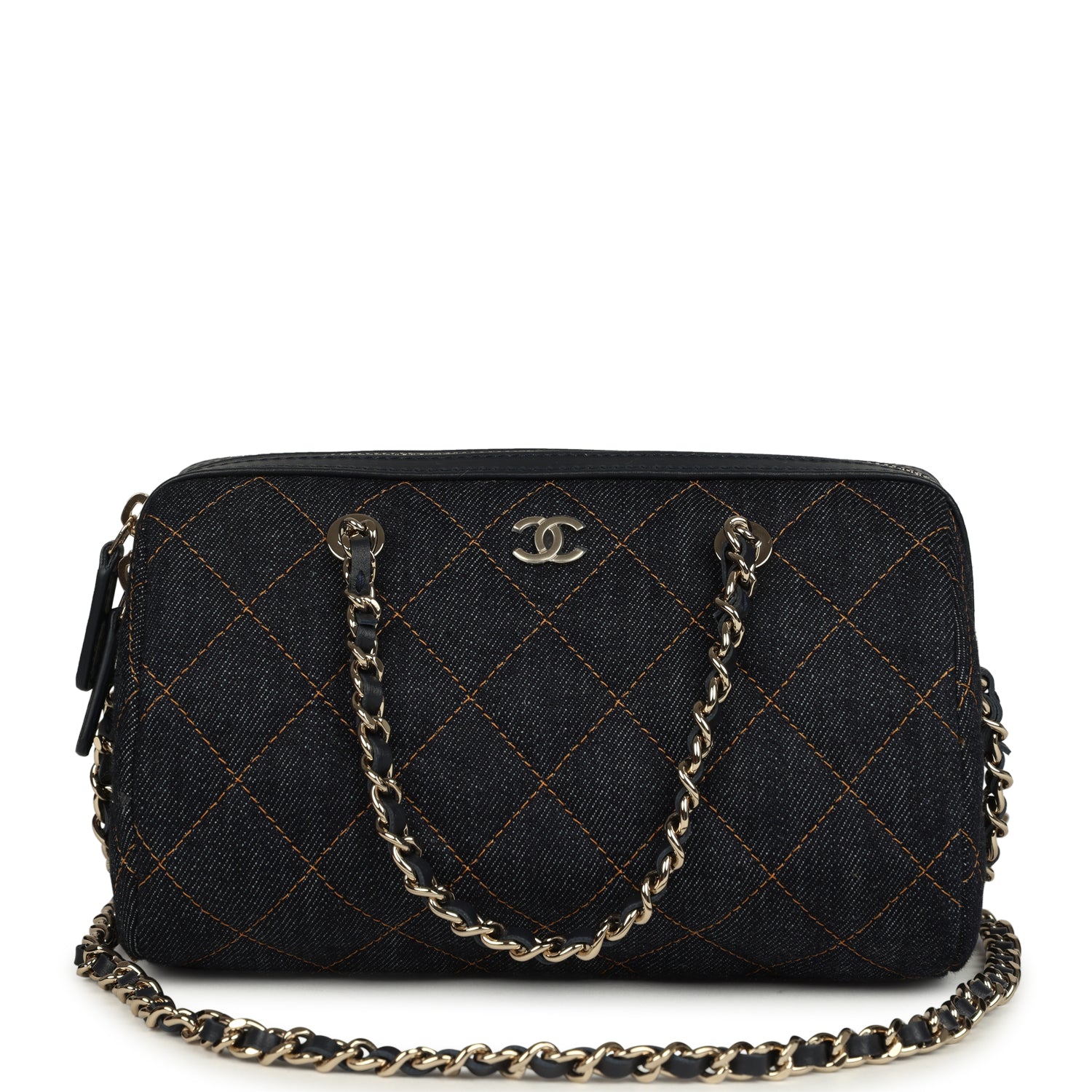 Mini Timeless Classic Barrel Bag with Chain Dark Blue Denim Light Gold Hardware
