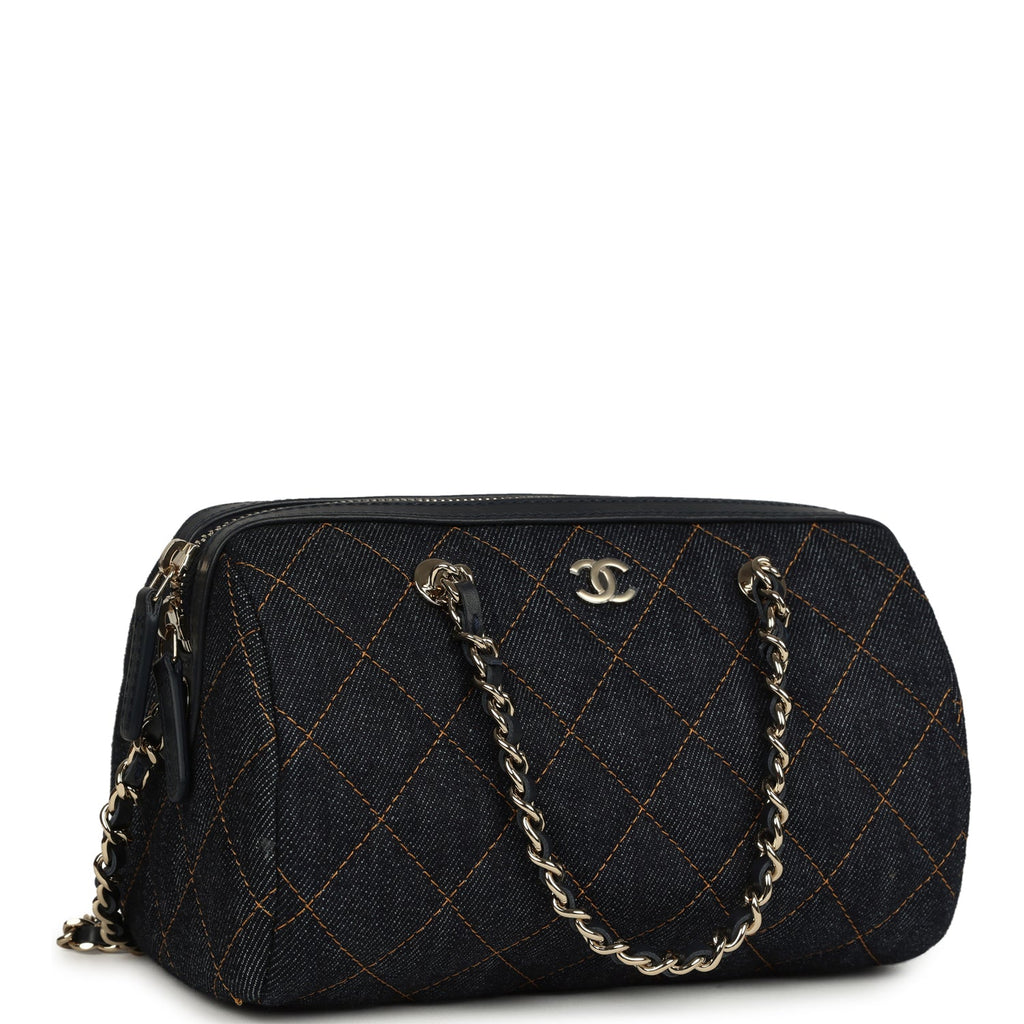 Mini Timeless Classic Barrel Bag with Chain Dark Blue Denim Light Gold Hardware