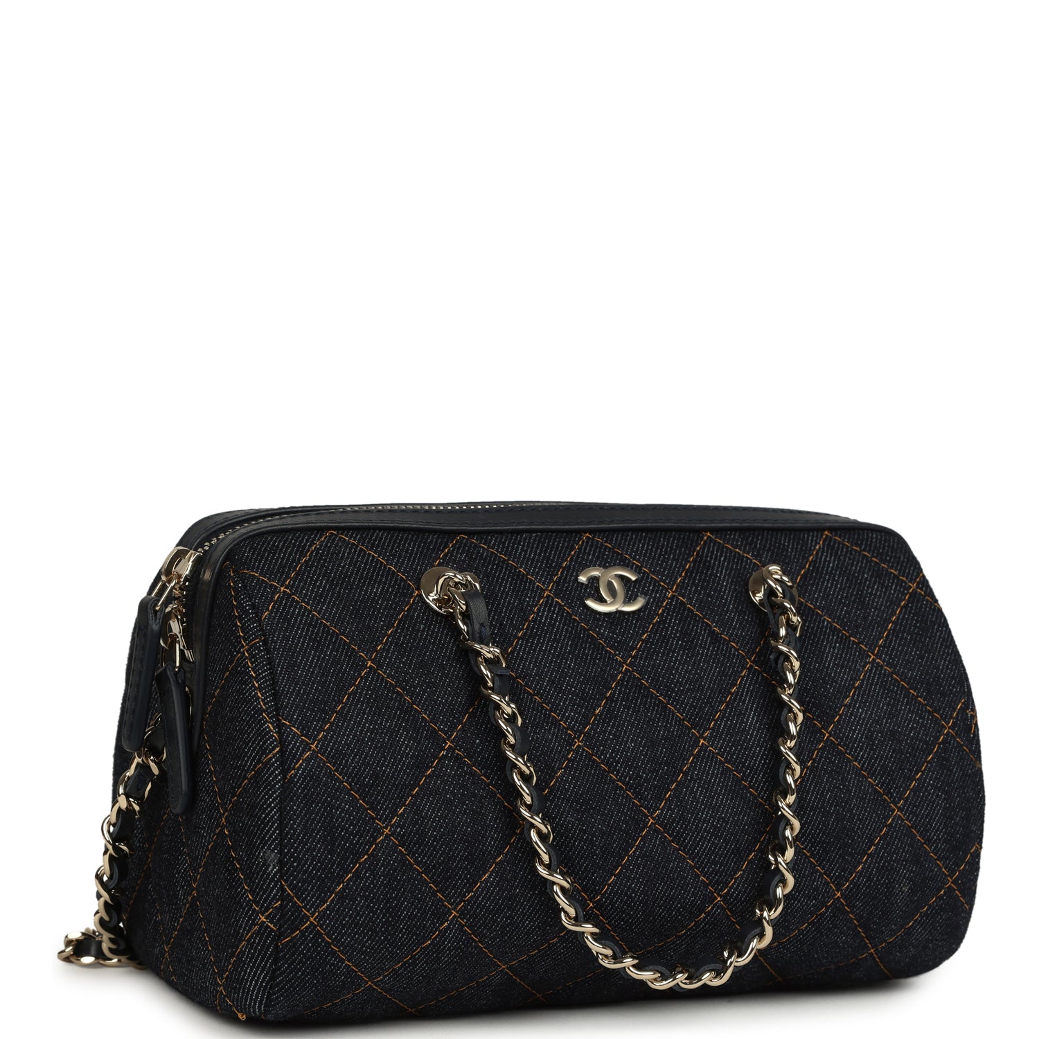 Mini Timeless Classic Barrel Bag with Chain Dark Blue Denim Light Gold Hardware
