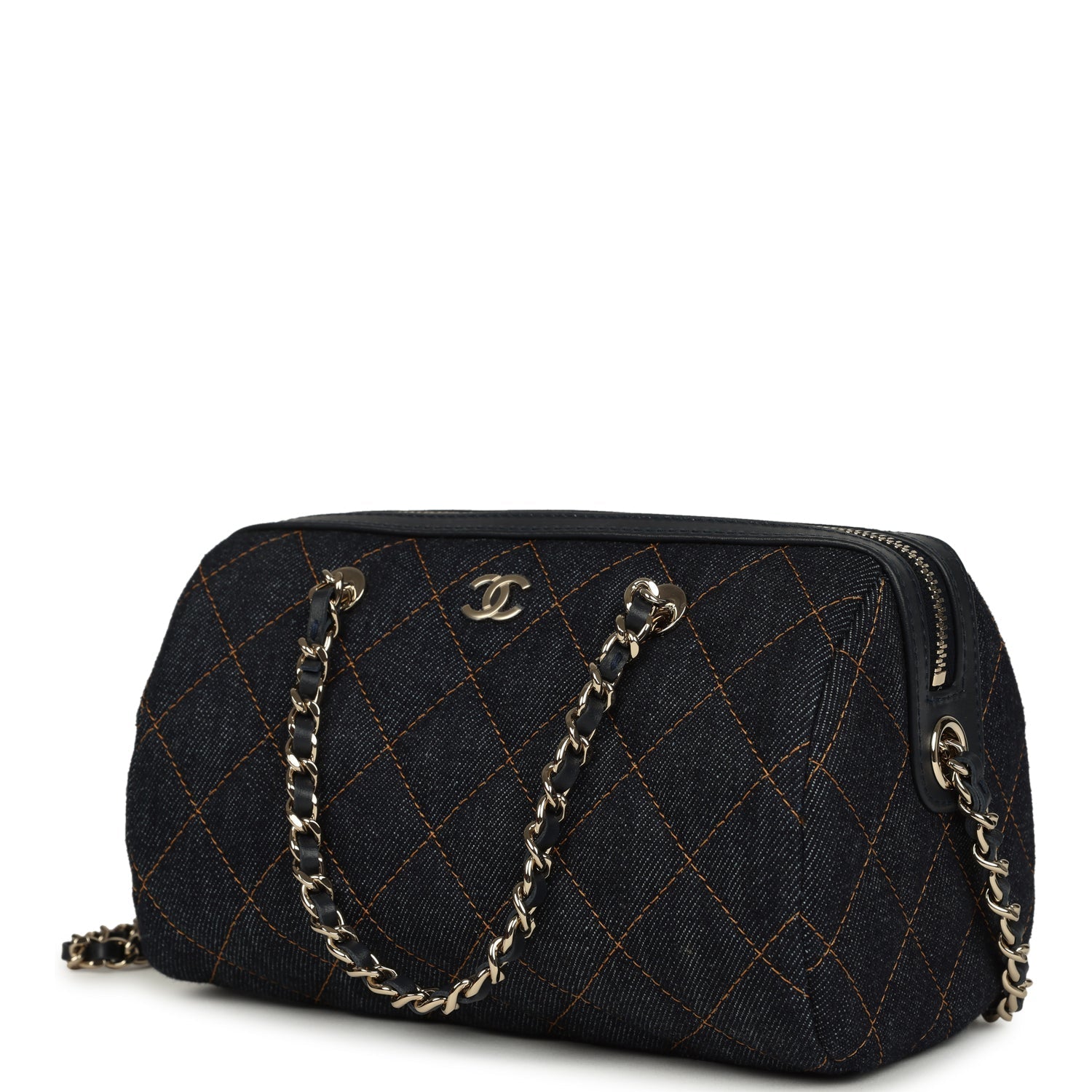 Mini Timeless Classic Barrel Bag with Chain Dark Blue Denim Light Gold Hardware