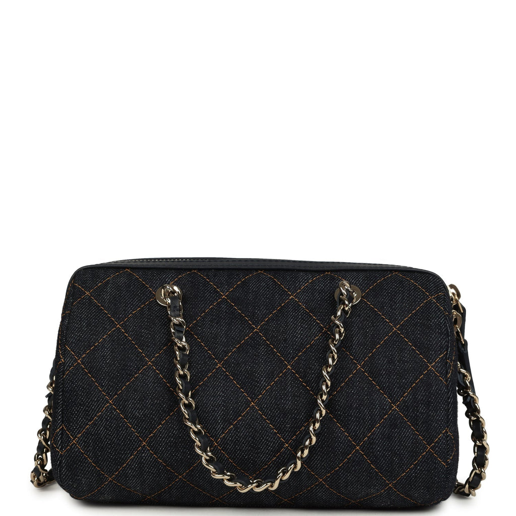 Mini Timeless Classic Barrel Bag with Chain Dark Blue Denim Light Gold Hardware