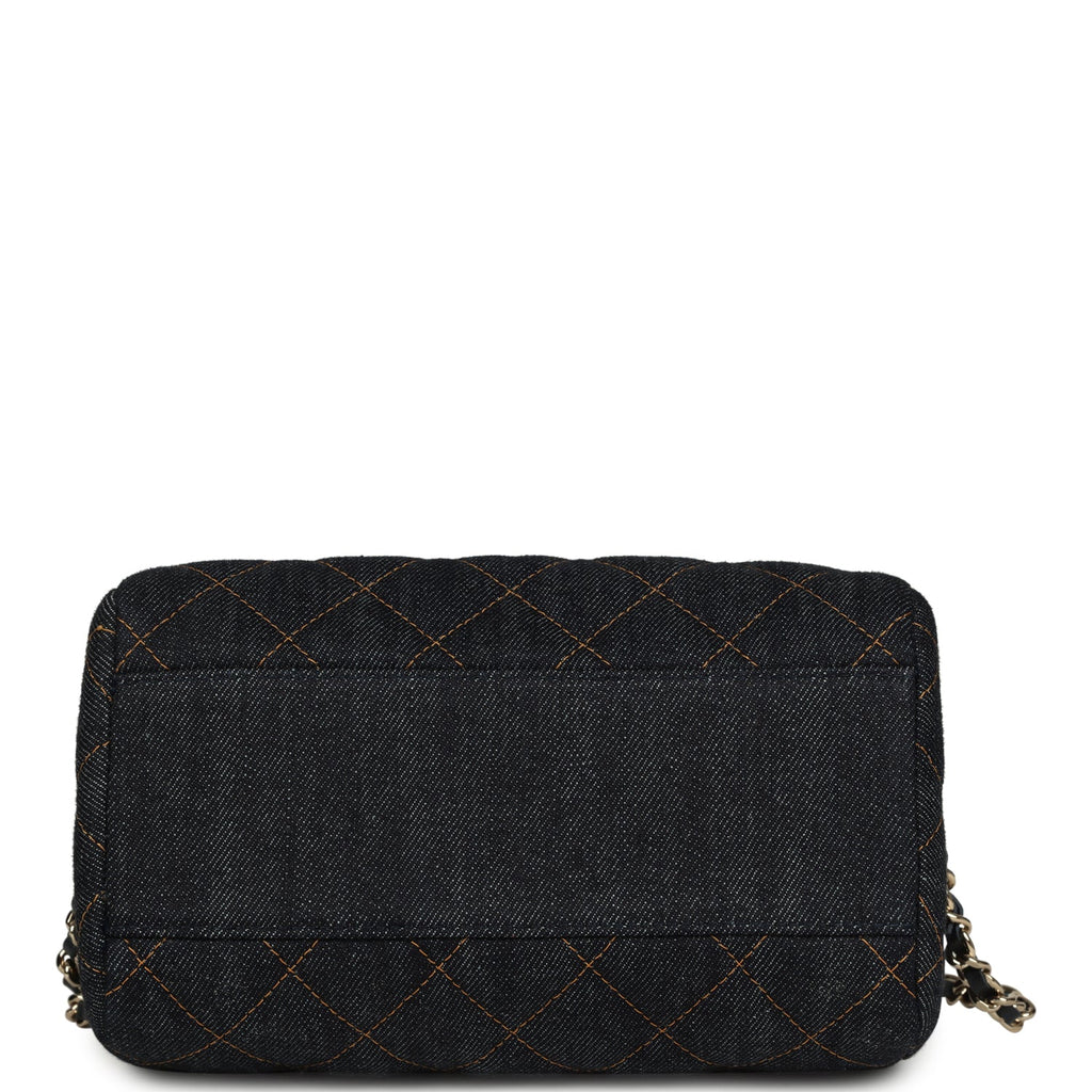 Mini Timeless Classic Barrel Bag with Chain Dark Blue Denim Light Gold Hardware