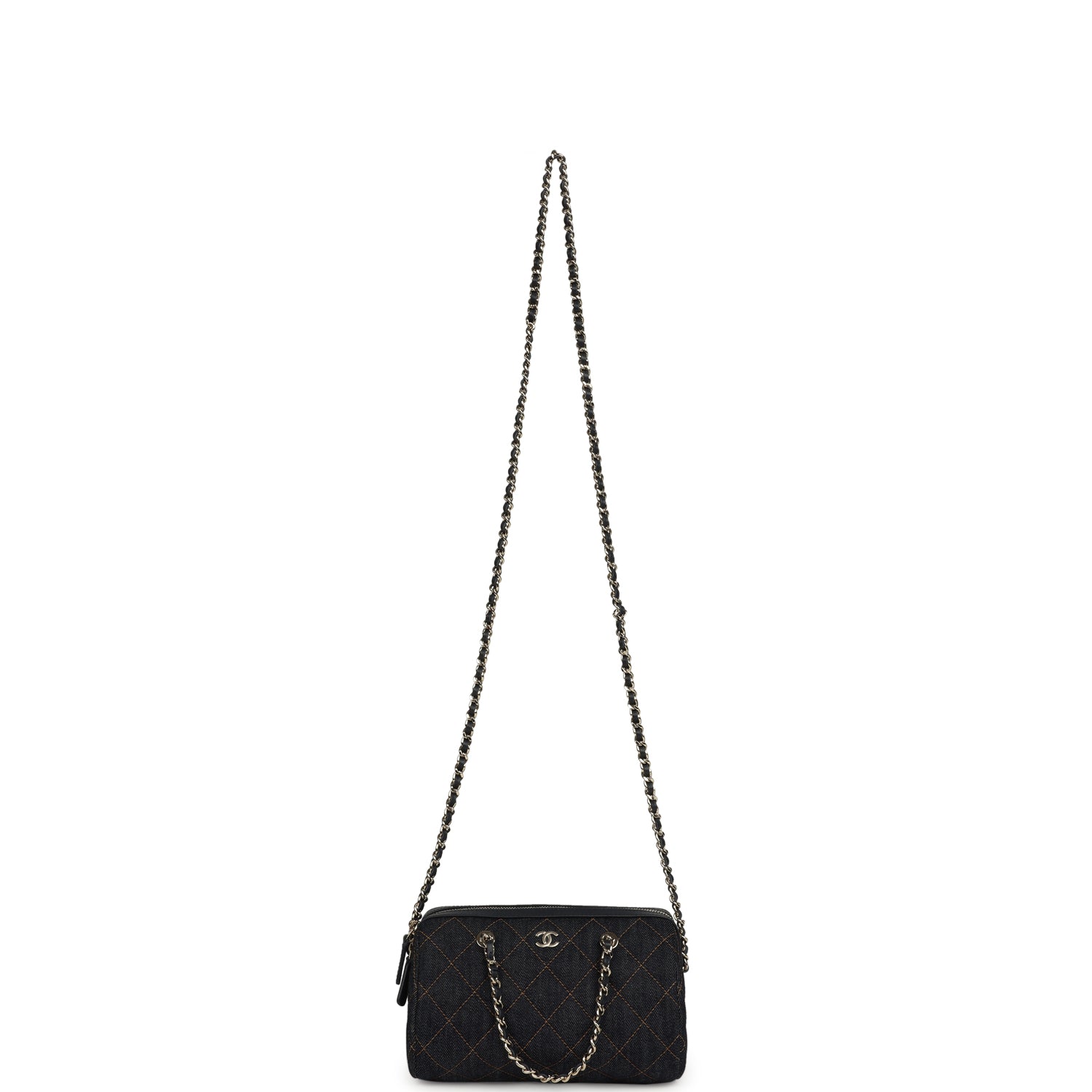 Mini Timeless Classic Barrel Bag with Chain Dark Blue Denim Light Gold Hardware