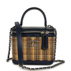 Small Top Handle Vanity Case Beige Raffia and Navy Calfskin Silver Hardware