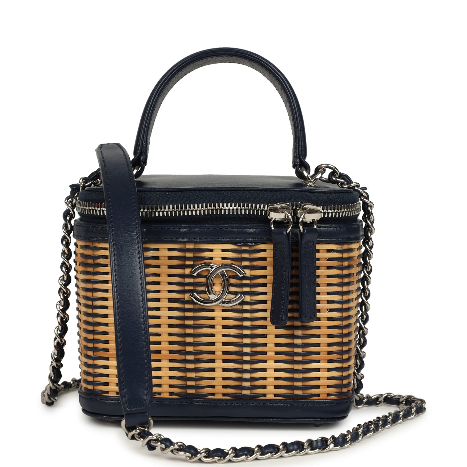 Small Top Handle Vanity Case Beige Raffia and Navy Calfskin Silver Hardware