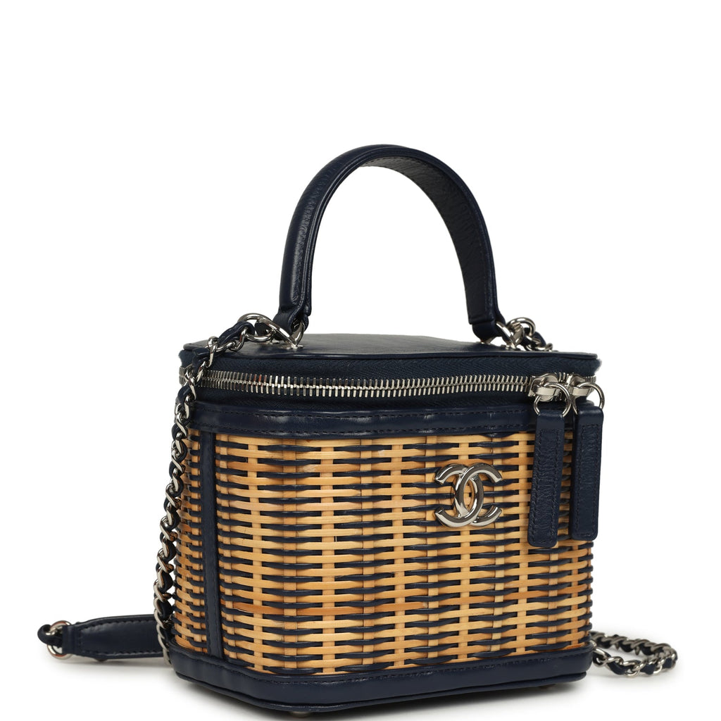 Small Top Handle Vanity Case Beige Raffia and Navy Calfskin Silver Hardware