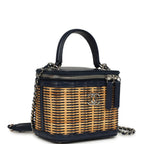 Small Top Handle Vanity Case Beige Raffia and Navy Calfskin Silver Hardware