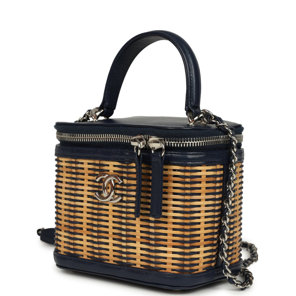 Small Top Handle Vanity Case Beige Raffia and Navy Calfskin Silver Hardware