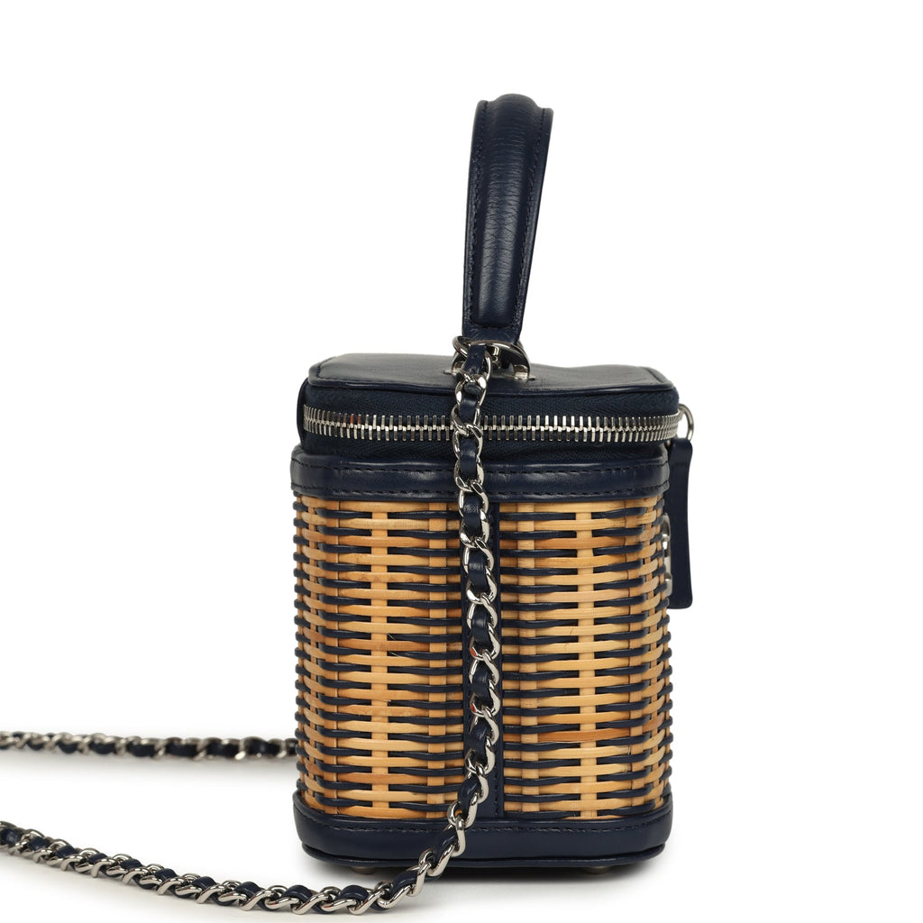 Small Top Handle Vanity Case Beige Raffia and Navy Calfskin Silver Hardware