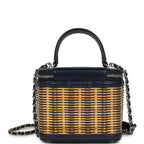 Small Top Handle Vanity Case Beige Raffia and Navy Calfskin Silver Hardware