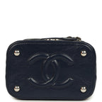 Small Top Handle Vanity Case Beige Raffia and Navy Calfskin Silver Hardware