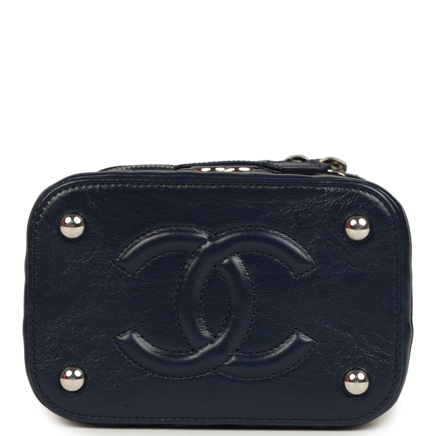 Small Top Handle Vanity Case Beige Raffia and Navy Calfskin Silver Hardware