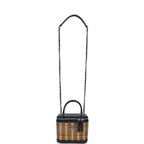 Small Top Handle Vanity Case Beige Raffia and Navy Calfskin Silver Hardware