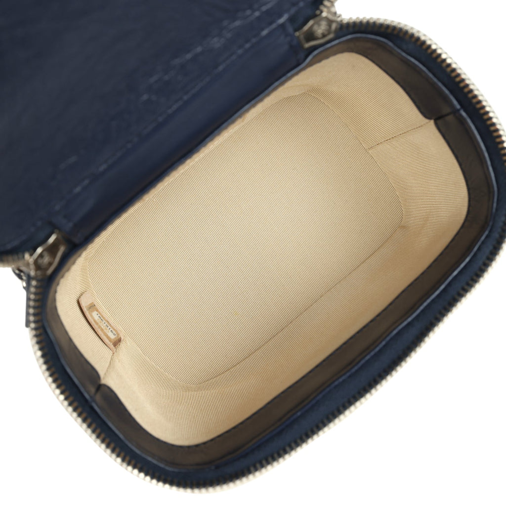 Small Top Handle Vanity Case Beige Raffia and Navy Calfskin Silver Hardware
