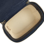 Small Top Handle Vanity Case Beige Raffia and Navy Calfskin Silver Hardware