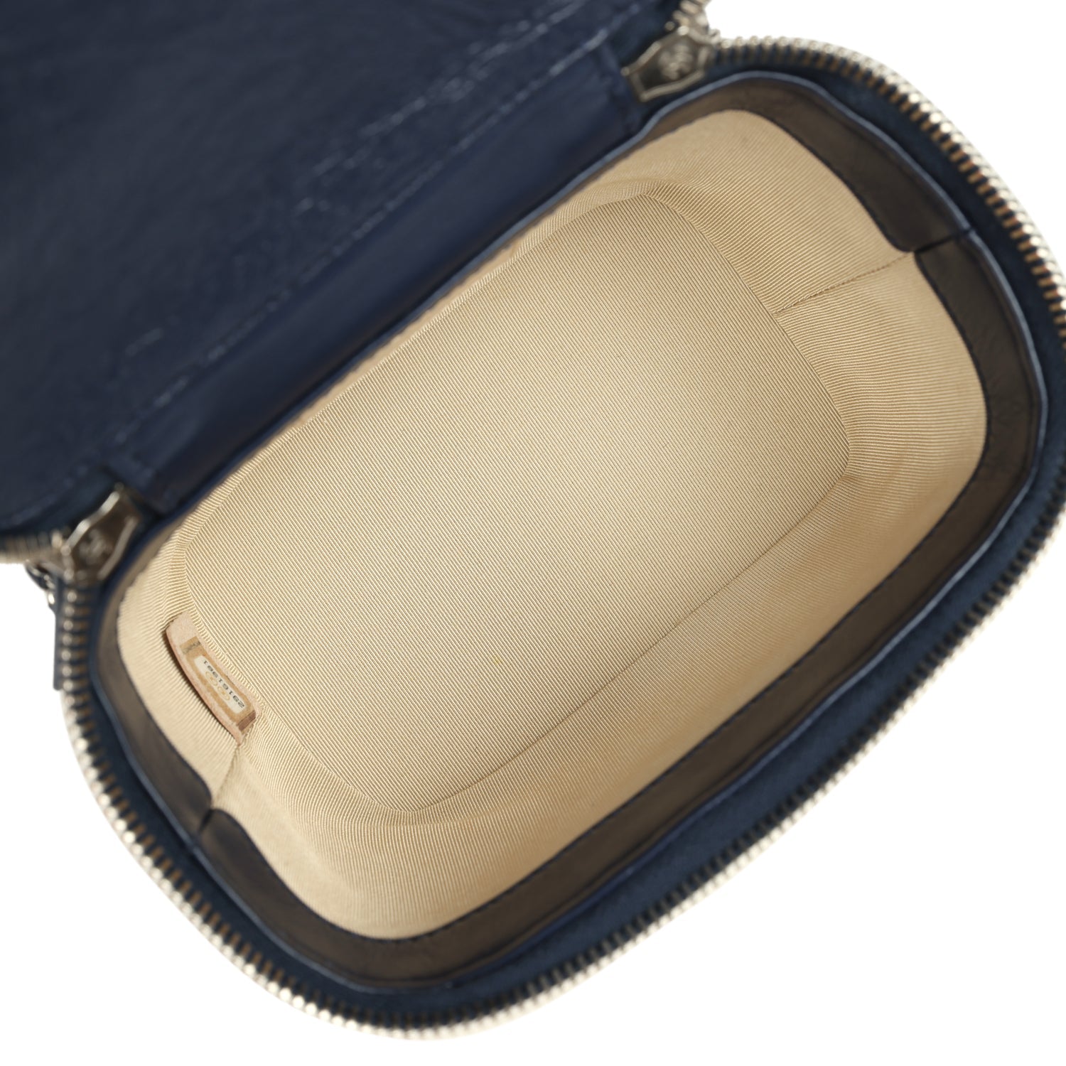 Small Top Handle Vanity Case Beige Raffia and Navy Calfskin Silver Hardware