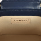 Small Top Handle Vanity Case Beige Raffia and Navy Calfskin Silver Hardware