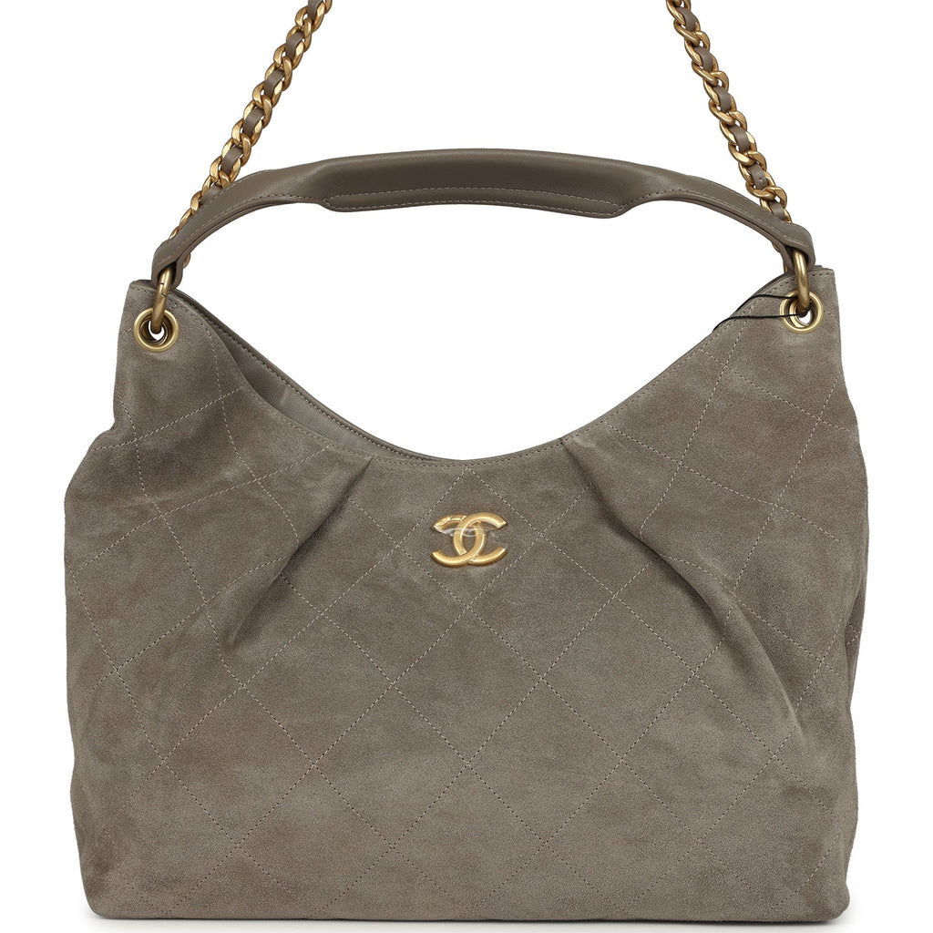 Maxi Hobo Bag Dark Grey Suede Antique Gold Hardware