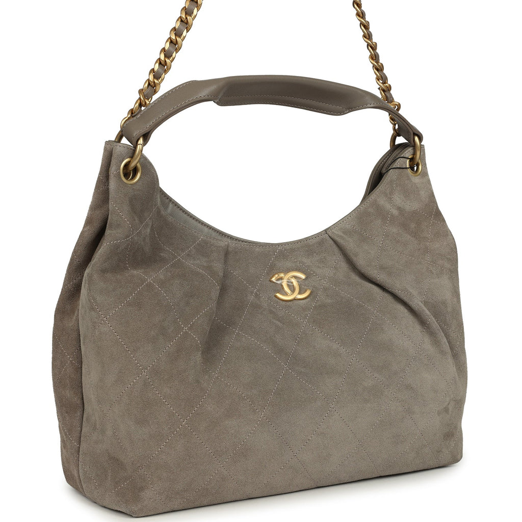 Maxi Hobo Bag Dark Grey Suede Antique Gold Hardware