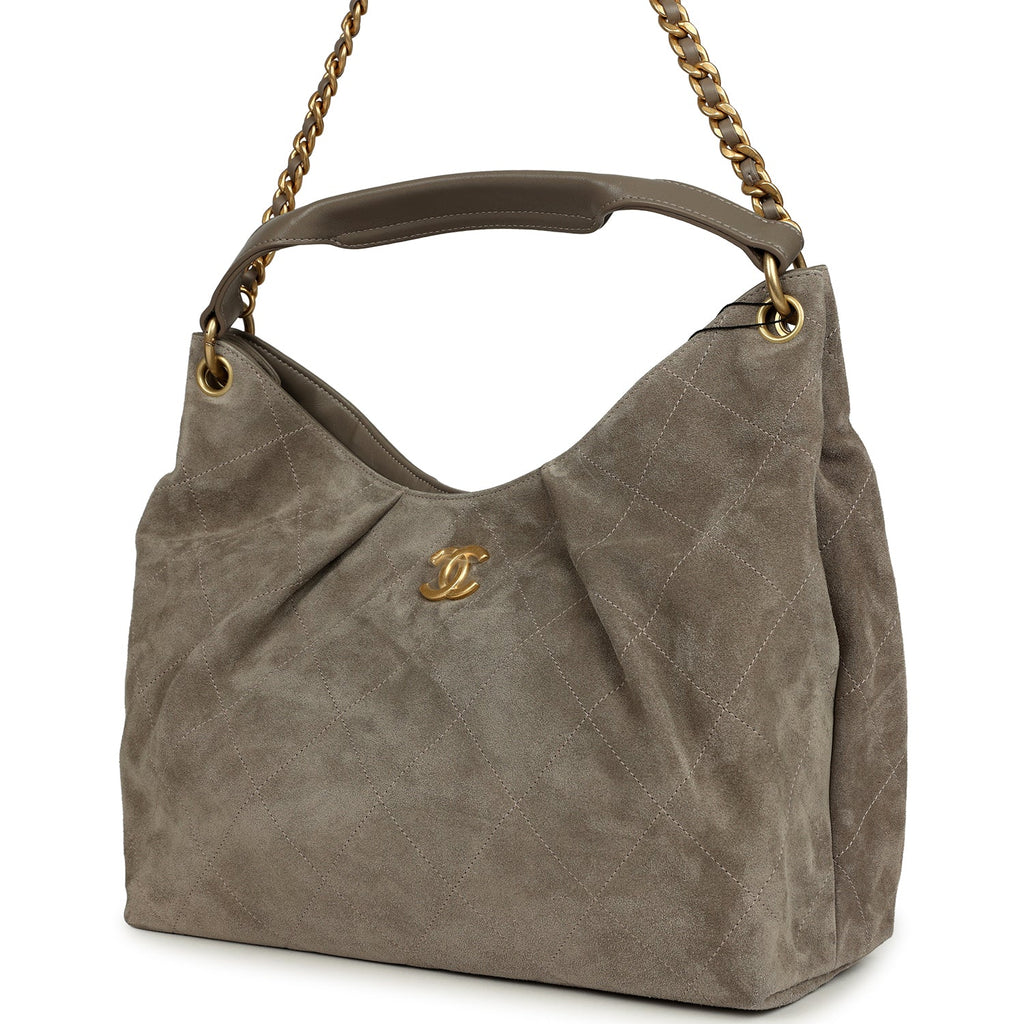 Maxi Hobo Bag Dark Grey Suede Antique Gold Hardware