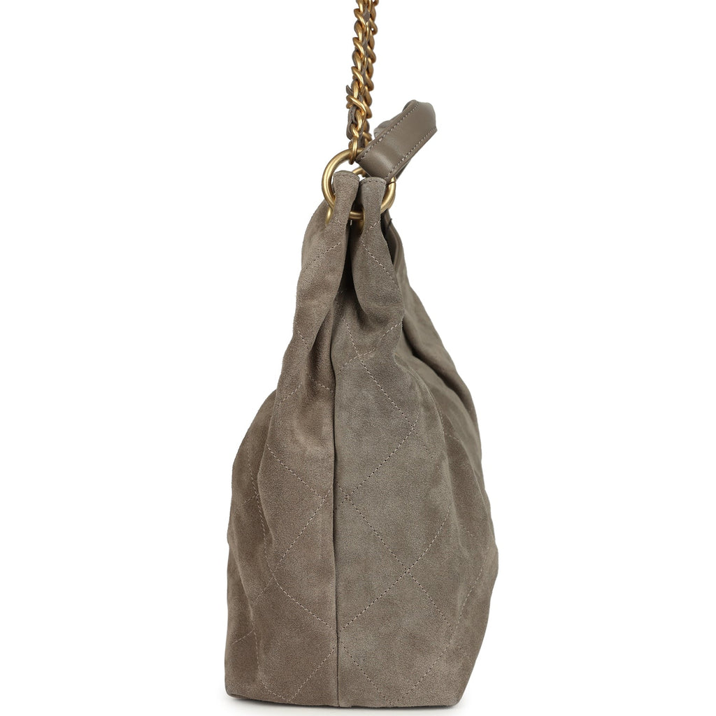 Maxi Hobo Bag Dark Grey Suede Antique Gold Hardware