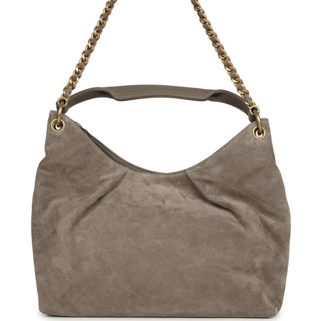 Maxi Hobo Bag Dark Grey Suede Antique Gold Hardware
