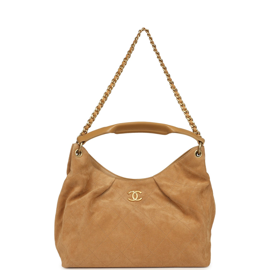 Maxi Hobo Bag Beige Suede Antique Gold Hardware