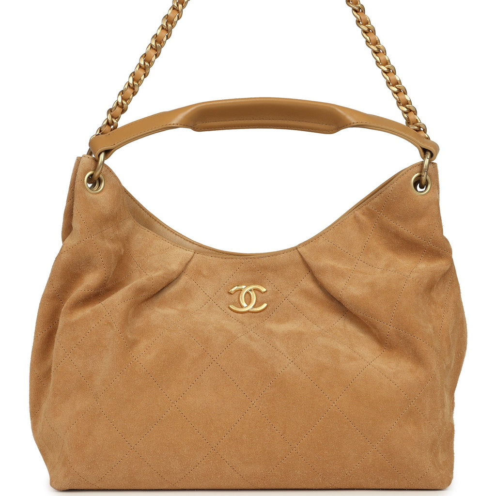 Maxi Hobo Bag Beige Suede Antique Gold Hardware