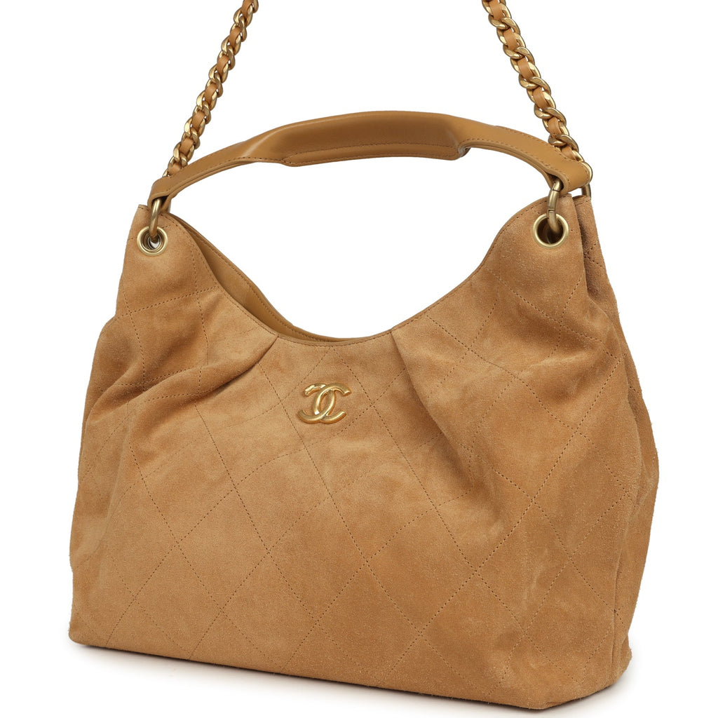Maxi Hobo Bag Beige Suede Antique Gold Hardware