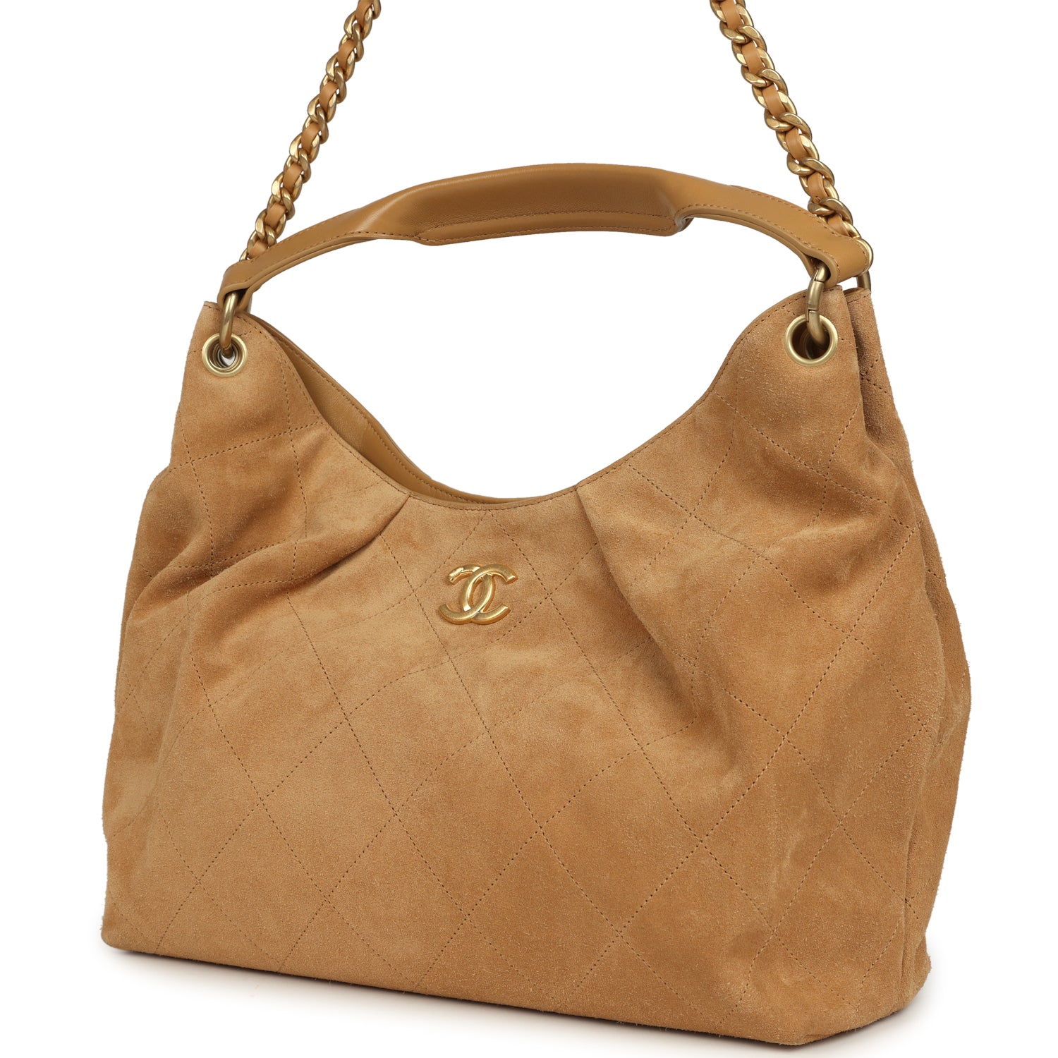 Maxi Hobo Bag Beige Suede Antique Gold Hardware