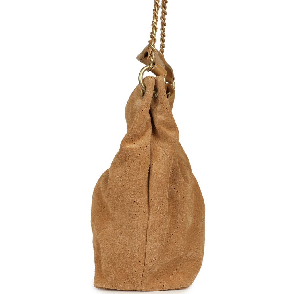 Maxi Hobo Bag Beige Suede Antique Gold Hardware