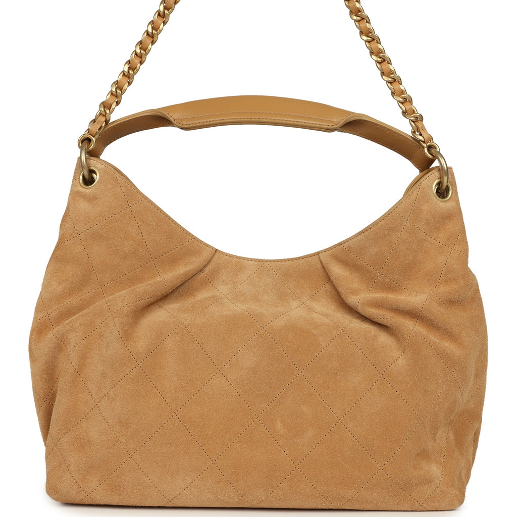 Maxi Hobo Bag Beige Suede Antique Gold Hardware