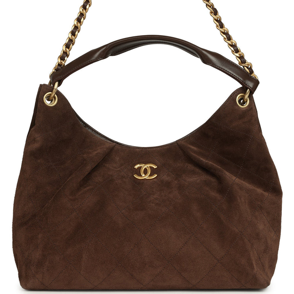 Maxi Hobo Bag Dark Brown Suede Antique Gold Hardware